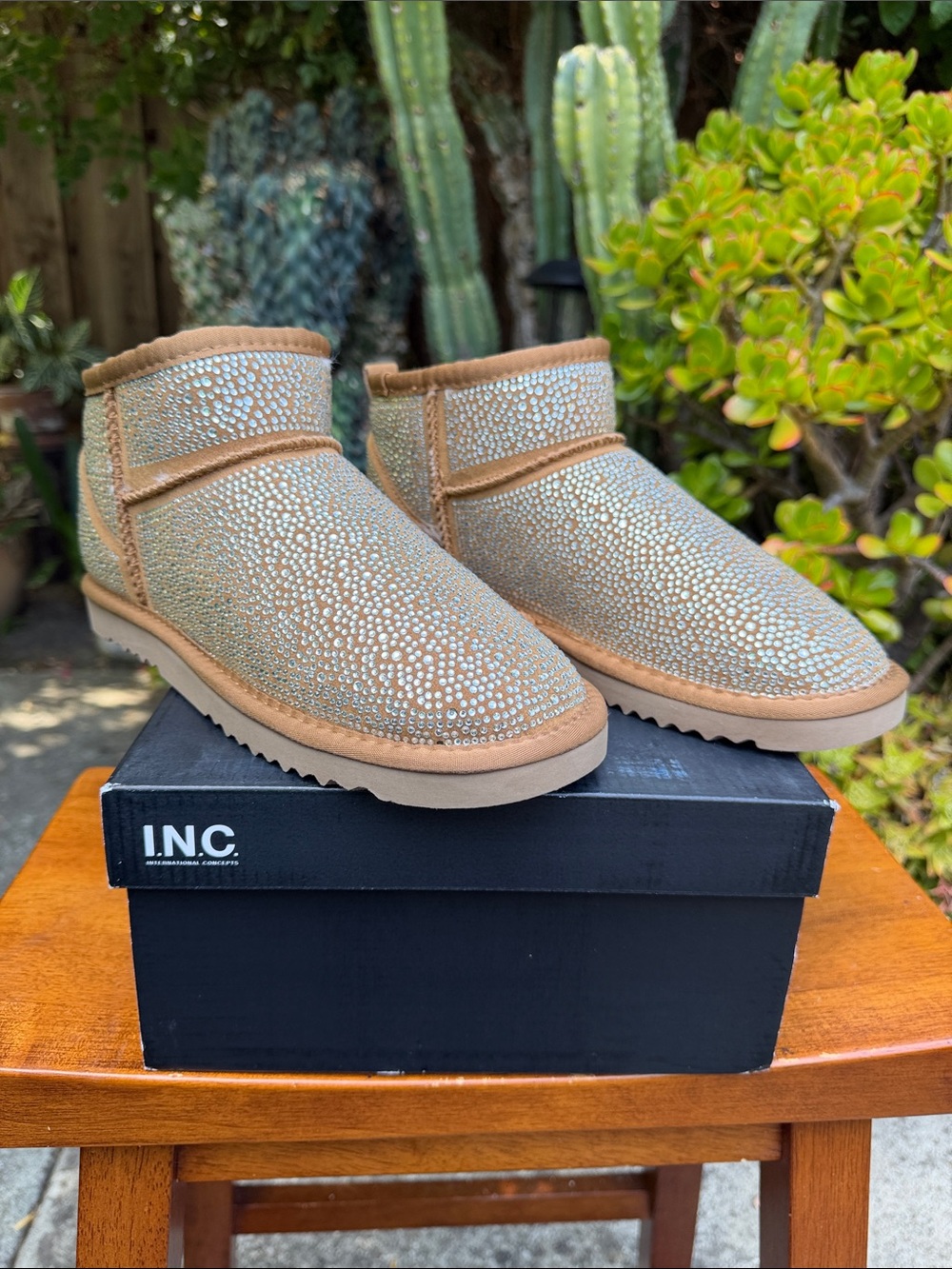 INC International Concepts Tan Sparkle Rhinestone Ankle Booties
